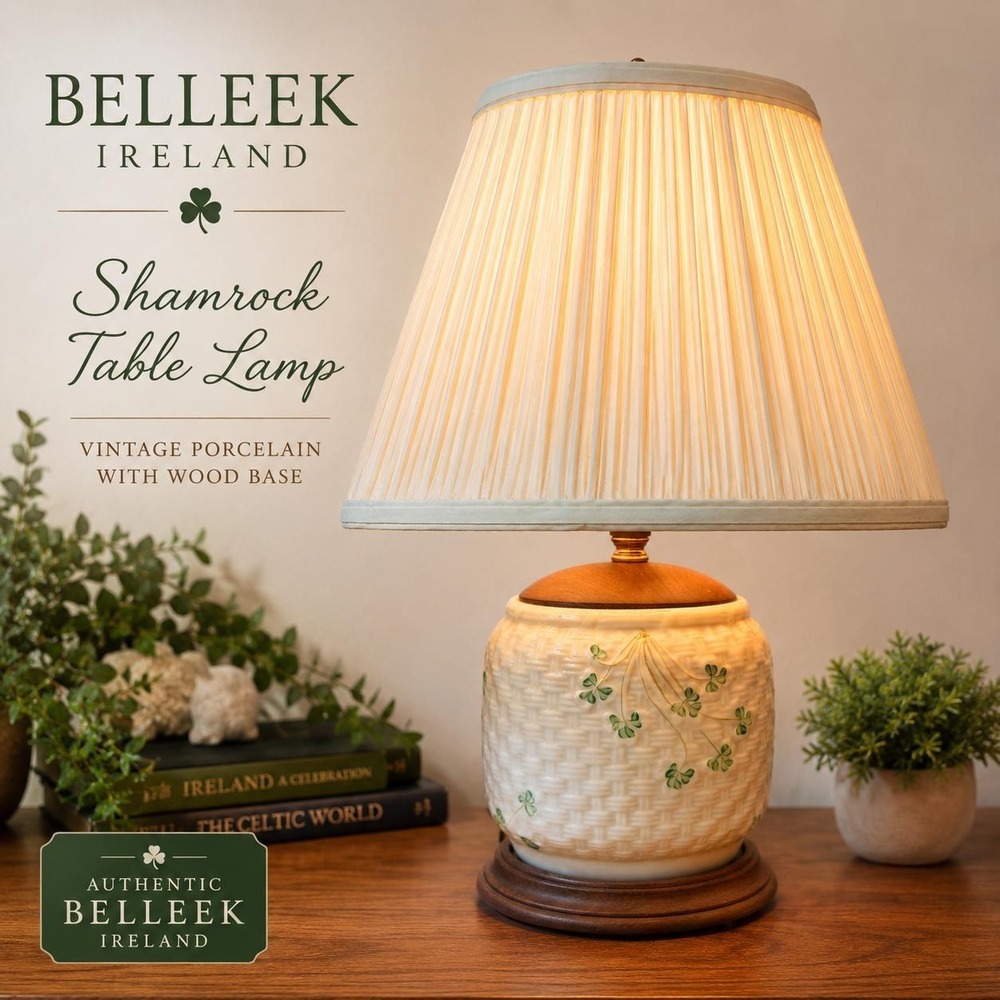 Vintage Belleek Ireland Shamrock Porcelain Table Lamp tested Working w Shade*